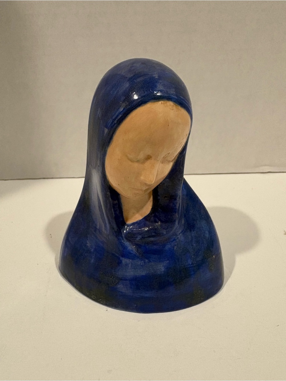 Mid-Century Modern Madonna Bust: 1955 Blue Glazed Ceramic Sculpture